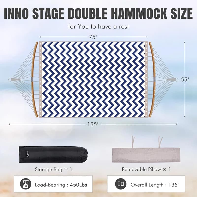 Blue Double Hammock with Spreader Bar - 450 lbs Capacity