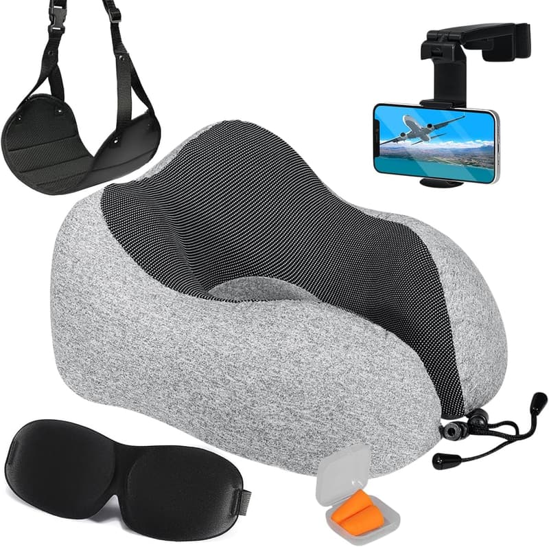 Travel Neck Pillow Set with 100% Memory Foam, 6-Piece Kit