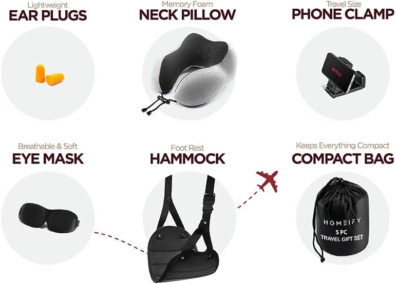 Travel Neck Pillow Set with 100% Memory Foam, 6-Piece Kit