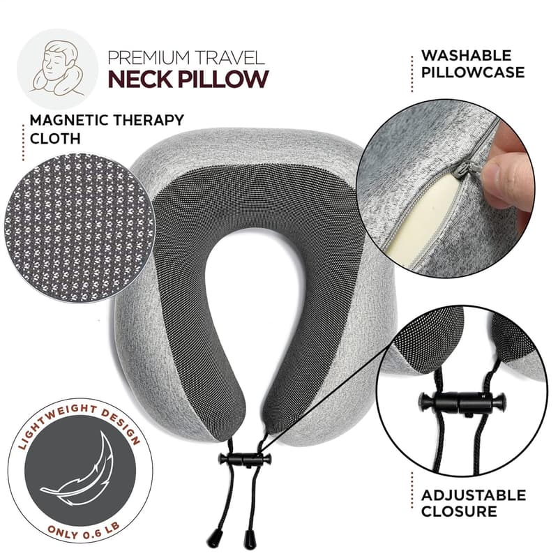 Travel Neck Pillow Set with 100% Memory Foam, 6-Piece Kit