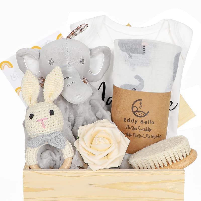 Newborn Baby Gift Set - Essentials Basket with Swaddle, Onesies, Rattle
