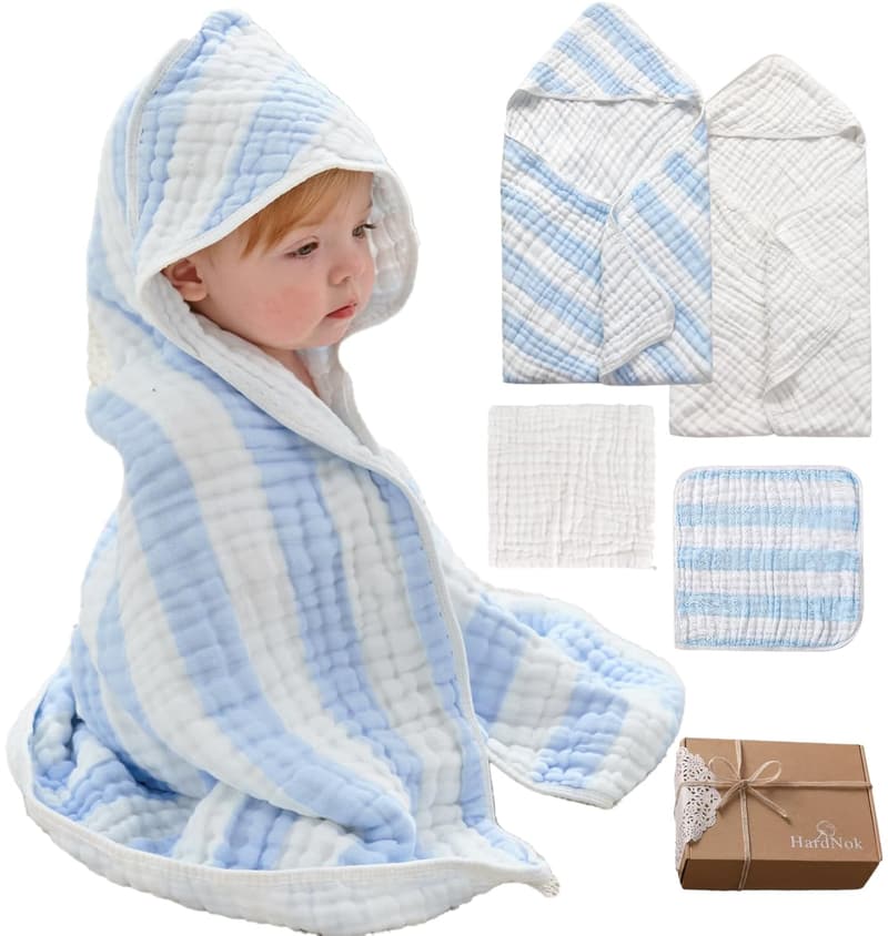 Premium 6-Layer Muslin Hooded Baby Towel 4-Pack