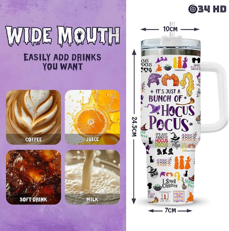 Hocus Pocus 40 oz Stainless Steel Tumbler with Handle & Straw