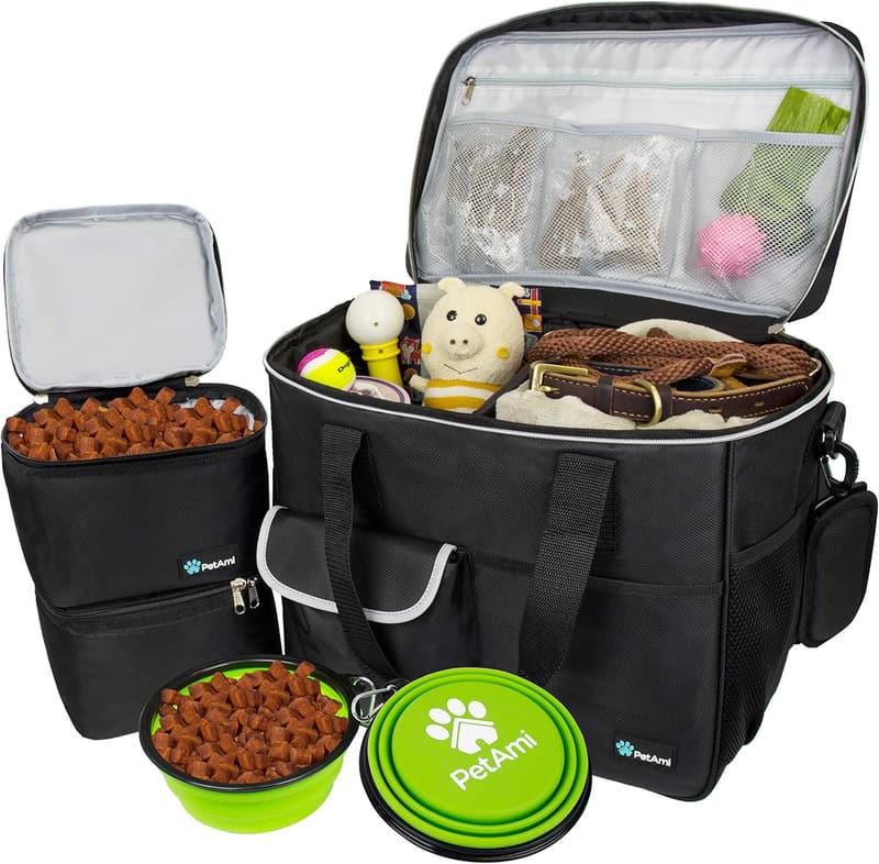 Dog Travel Organizer Bag with Food Container & Bowls (Black, Large)