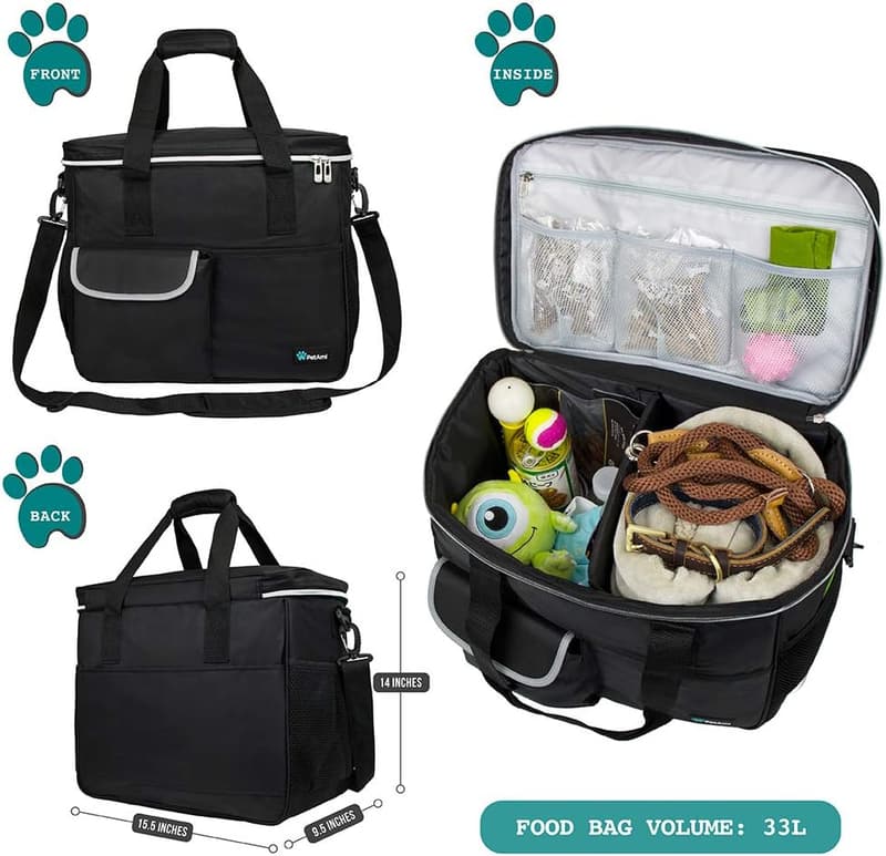 Dog Travel Organizer Bag with Food Container & Bowls (Black, Large)