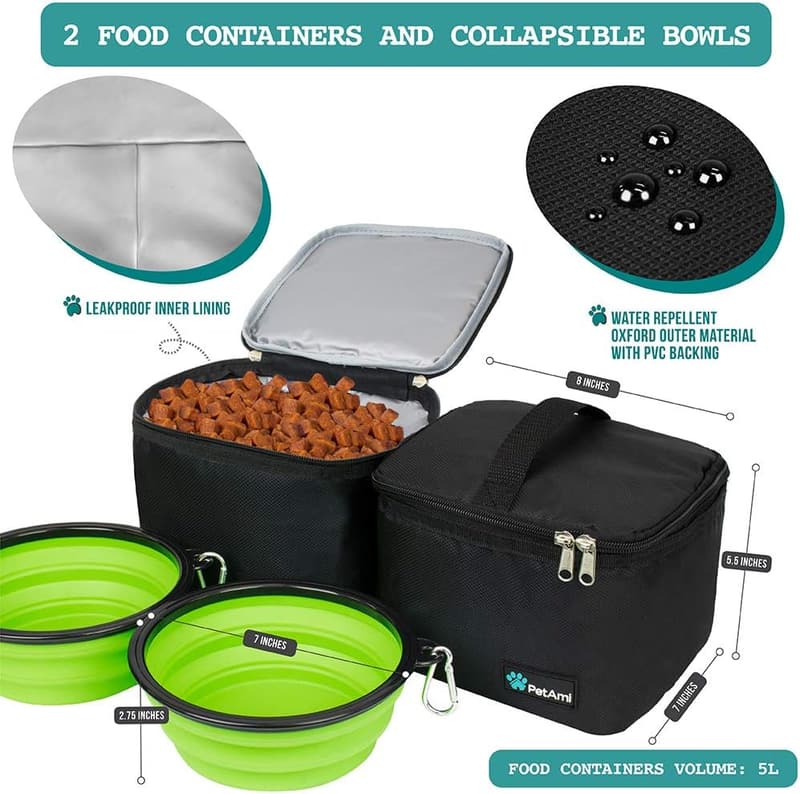 Dog Travel Organizer Bag with Food Container & Bowls (Black, Large)