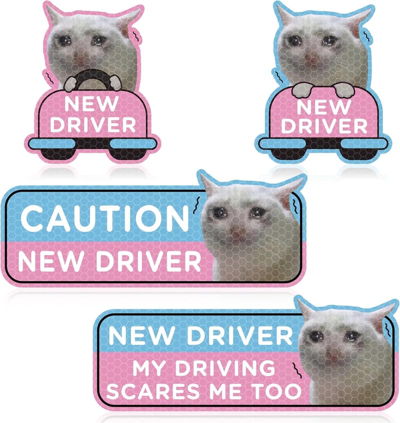 Student Driver Safety Magnet - Reflective Cartoon Cat (4 Pcs)