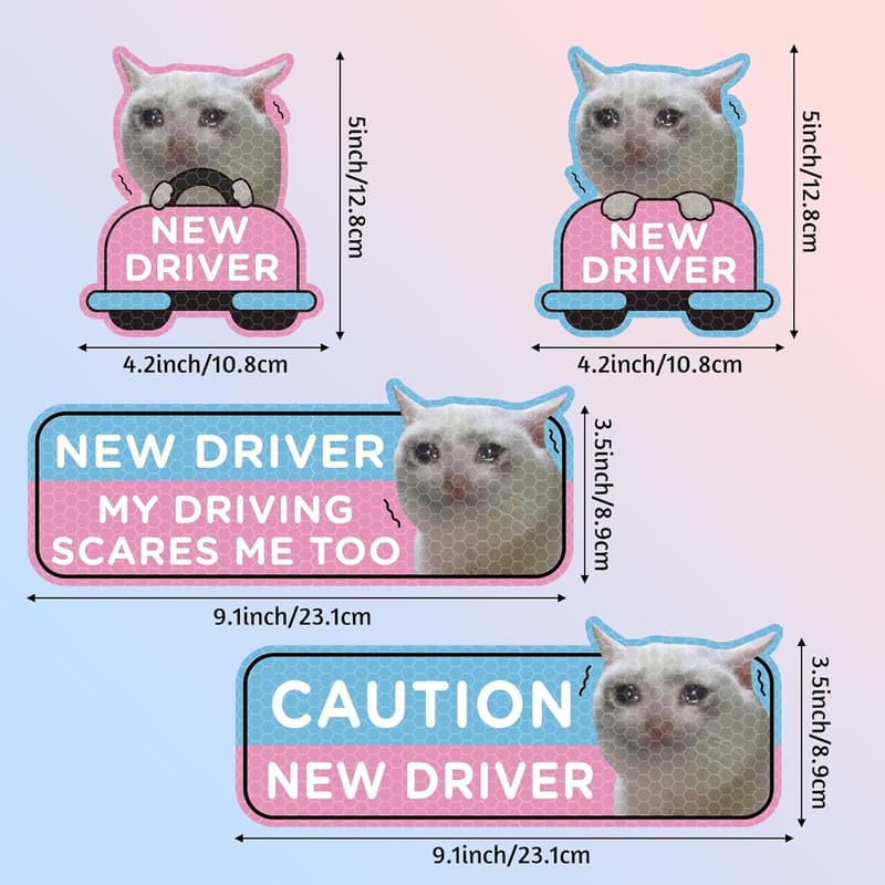 Student Driver Safety Magnet - Reflective Cartoon Cat (4 Pcs)