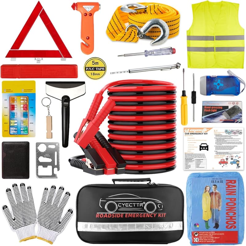 Emergency Roadside Kit with Jumper Cables & Safety Tools