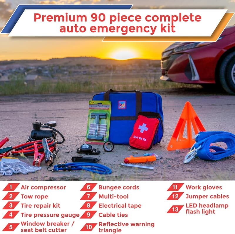 Roadside Safety Kit with Air Compressor and Jumper Cables
