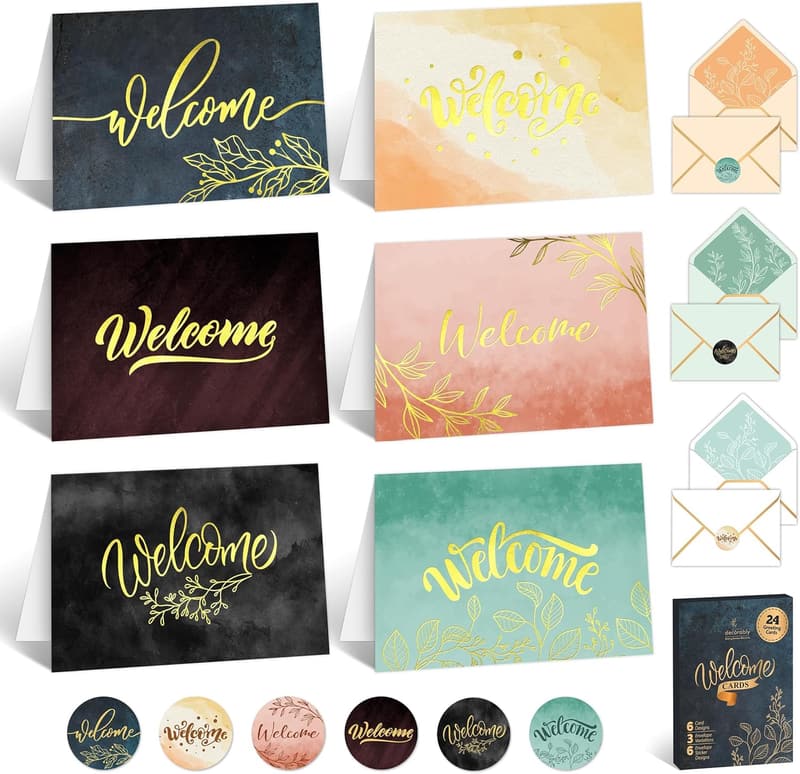 Welcome Cards for New Employees - 24 Pack, Gold-Foiled Designs
