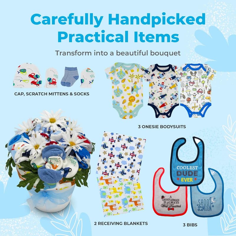 Newborn Baby Boy Gift Set | Unique Clothing Bouquet & Basket