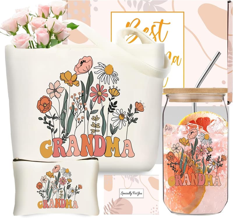 Grandma Birthday Gift Basket with Glass Cup & Tote Bag