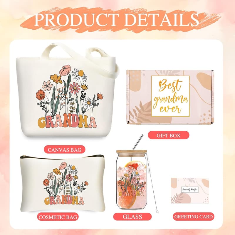 Grandma Birthday Gift Basket with Glass Cup & Tote Bag