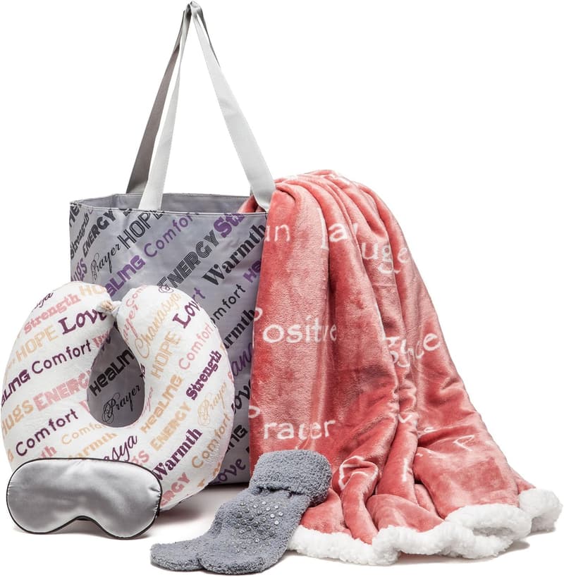 Premium Care Gift Set - Throw Blanket, Neck Pillow, Eye Mask, Tote Bag, Socks