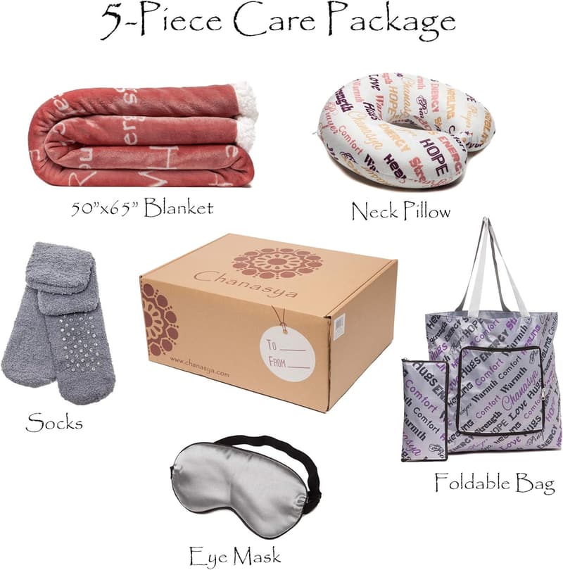 Premium Care Gift Set - Throw Blanket, Neck Pillow, Eye Mask, Tote Bag, Socks