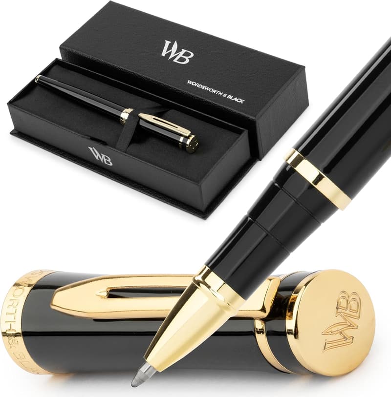 Luxury Rollerball Pen - 24K Gold Finish, Black Lacquer, Refillable