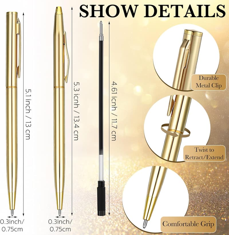 50 Pack Gold Retractable Ballpoint Pens for Weddings & Events