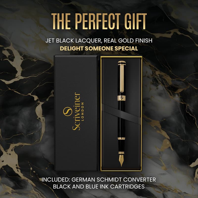 Luxury Fountain Pen Set - Real Gold Finish, Schmidt Nib, Converter