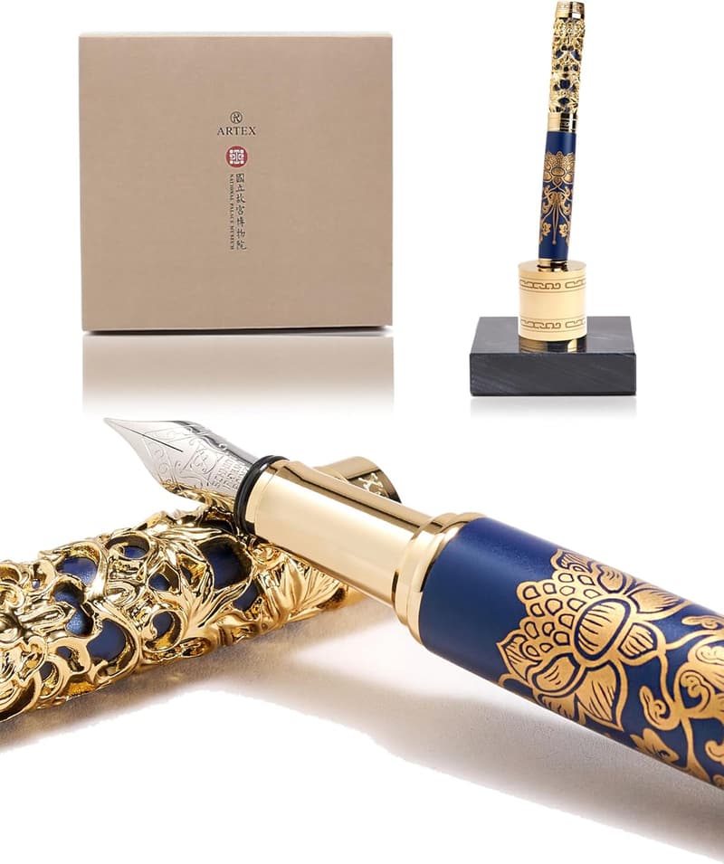 Luxury Fountain Pen Set with Stand - German Fine Nib, Metal & Marble