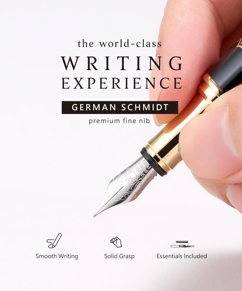 Luxury Fountain Pen Set with Stand - German Fine Nib, Metal & Marble