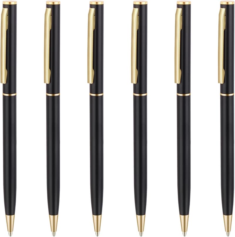 Matte Black & Gold Retractable Ballpoint Pens - 6 Pack