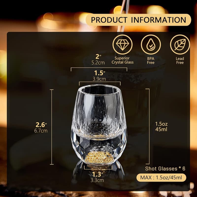 Luxury 24K Gold Leaf Shot Glass Set - 6 pcs, BPA-Free