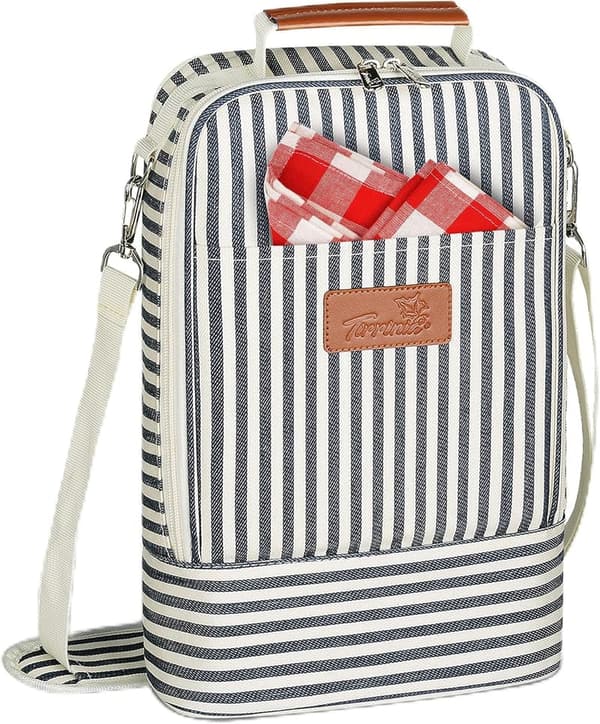 Wine Tote Bag with Insulated Cooler for 2 Bottles - Blue Stripe