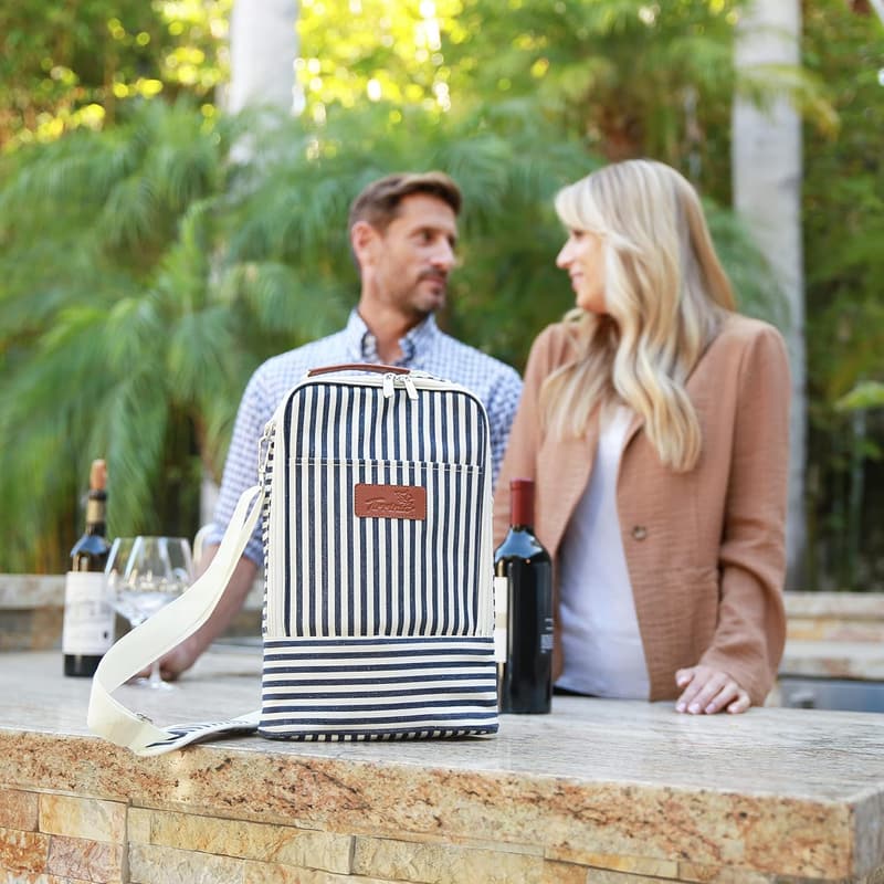 Wine Tote Bag with Insulated Cooler for 2 Bottles - Blue Stripe