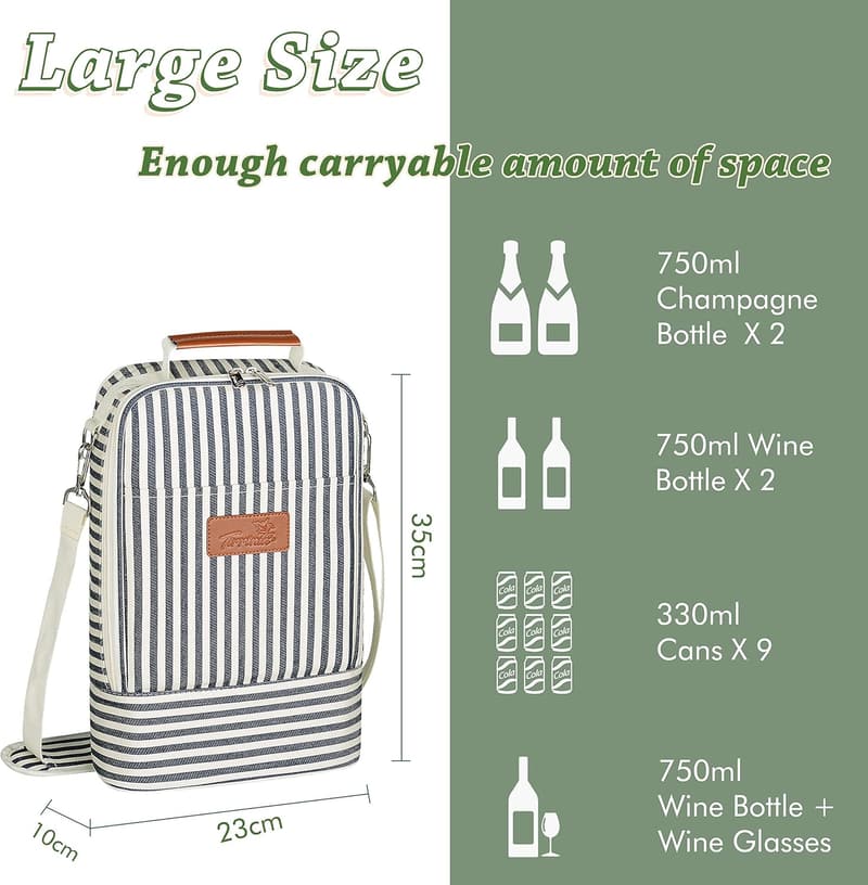 Wine Tote Bag with Insulated Cooler for 2 Bottles - Blue Stripe