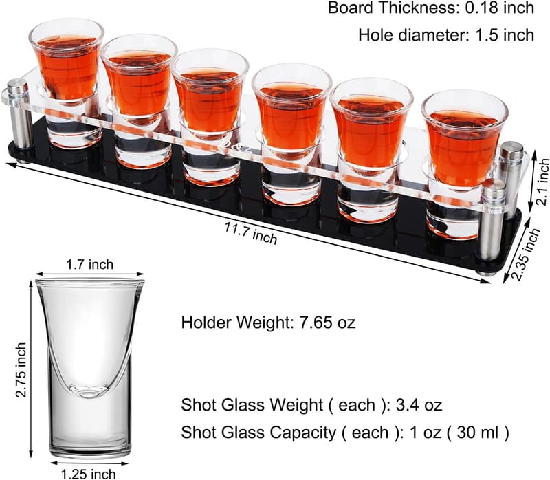 Acrylic Shot Glass Holder Set with 6 Heavy-Base Shooter Glasses