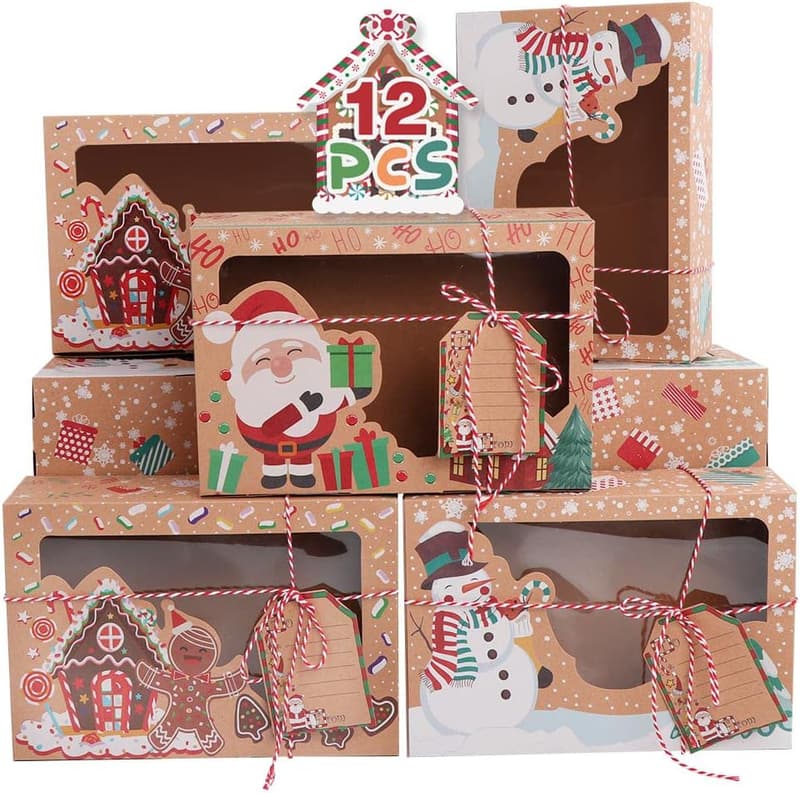 12-Pack Christmas Cookie Boxes with Window & Tags, Kraft