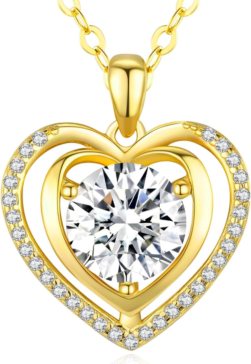Gold Heart Pendant Necklace with Moissanite for Women