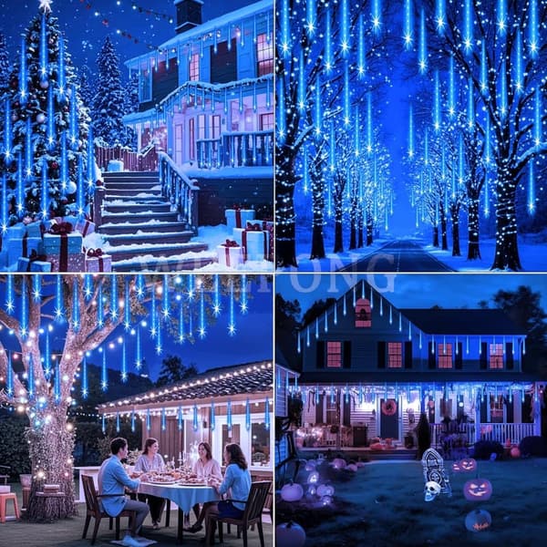 Outdoor Meteor Shower Lights - UL Certified Blue Cascading String for Holiday Decor