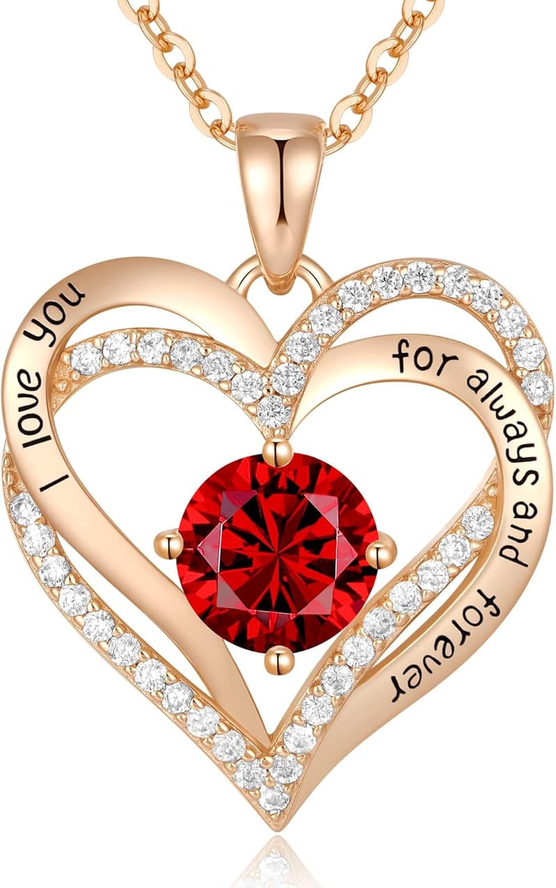 Wedding Anniversary Silver Heart Necklace with Birthstone for Women