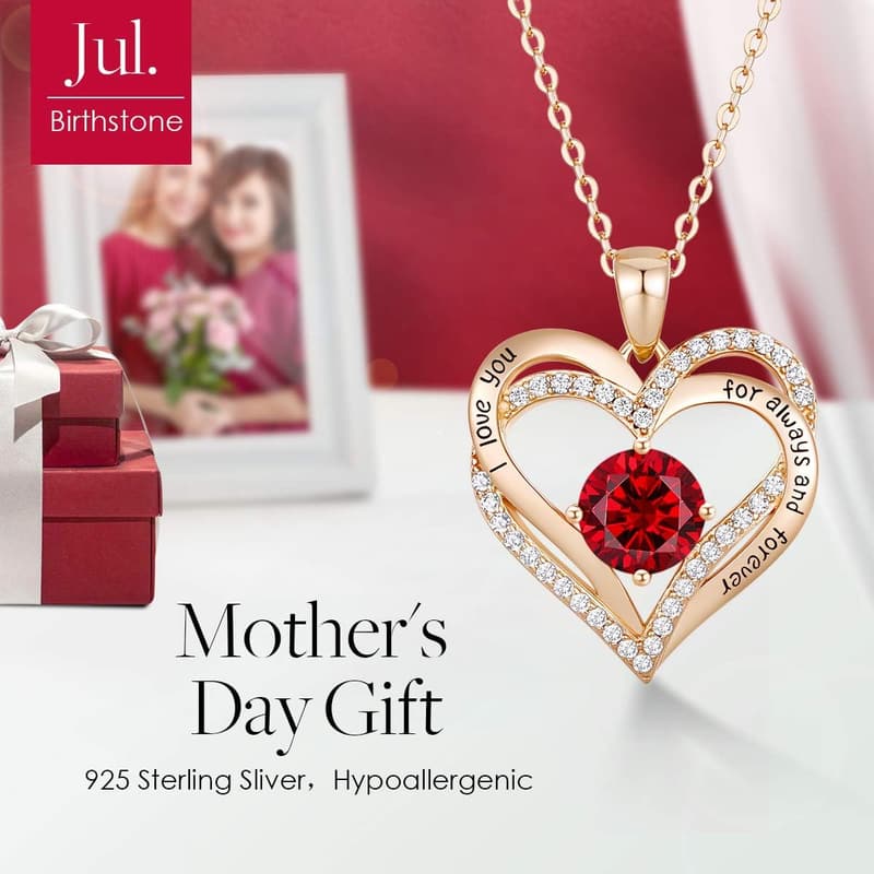 Wedding Anniversary Silver Heart Necklace with Birthstone for Women
