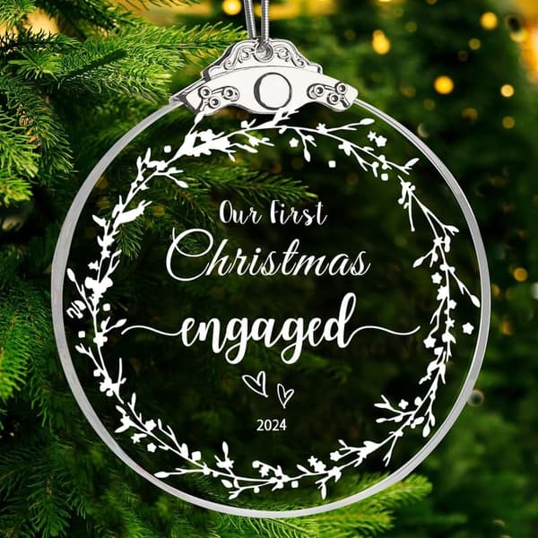 Engagement Ornament - Our First Christmas 2024 Glass Wreath