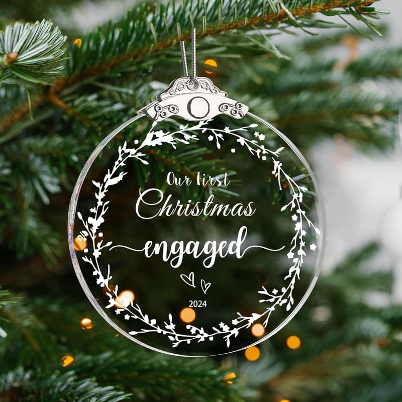 Engagement Ornament - Our First Christmas 2024 Glass Wreath