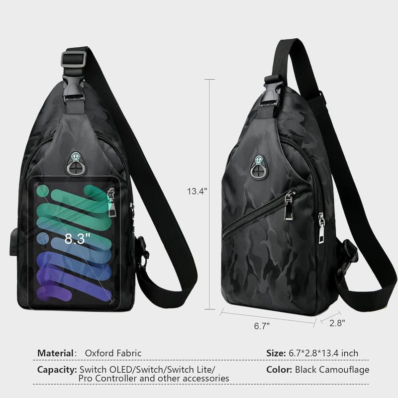 Nintendo Switch Crossbody Backpack with USB Charging Port - Black