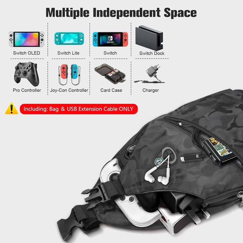 Nintendo Switch Crossbody Backpack with USB Charging Port - Black