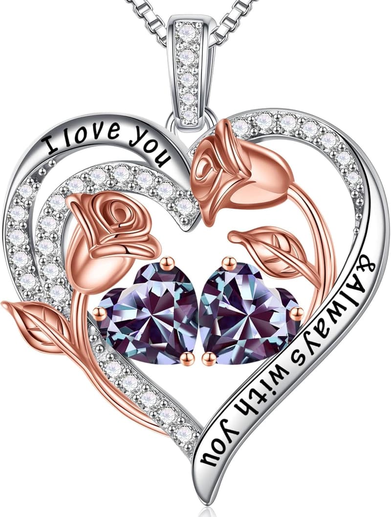925 Sterling Silver Rose Heart Birthstone Necklace for Women