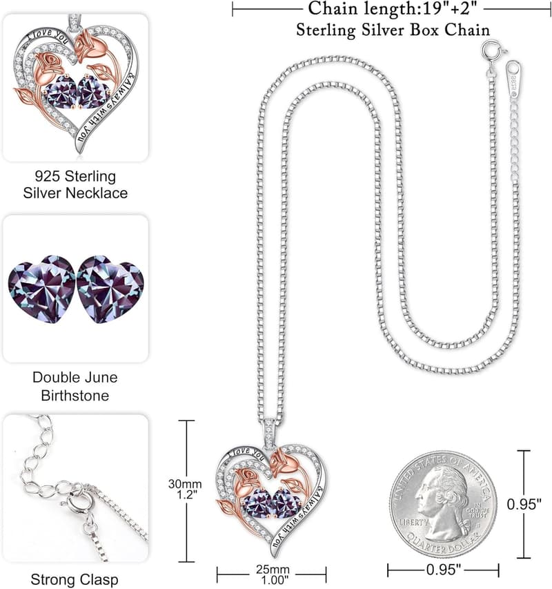 925 Sterling Silver Rose Heart Birthstone Necklace for Women