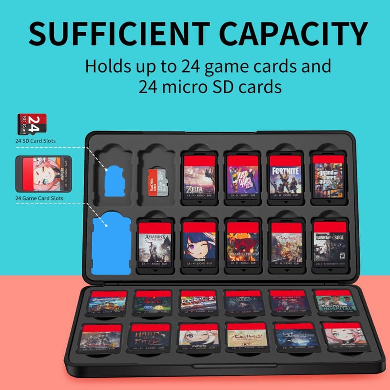 Portable Game Case with 24 Cartridge & Micro SD Slots