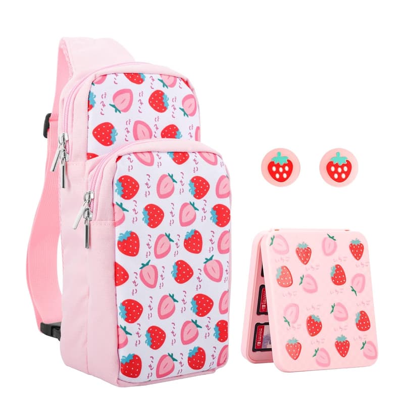 Nintendo Switch Pink Strawberry Travel Bag - Large Capacity
