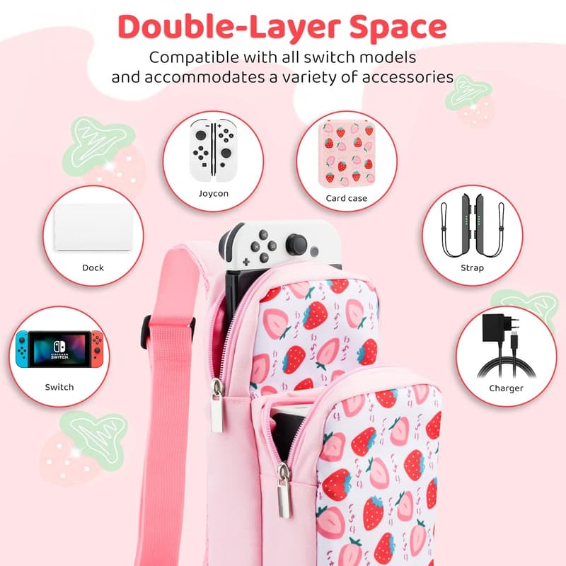 Nintendo Switch Pink Strawberry Travel Bag - Large Capacity