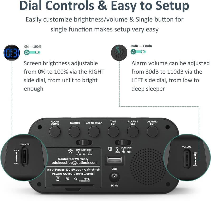 Compact Digital Alarm Clock with USB Charger and Dimmer
