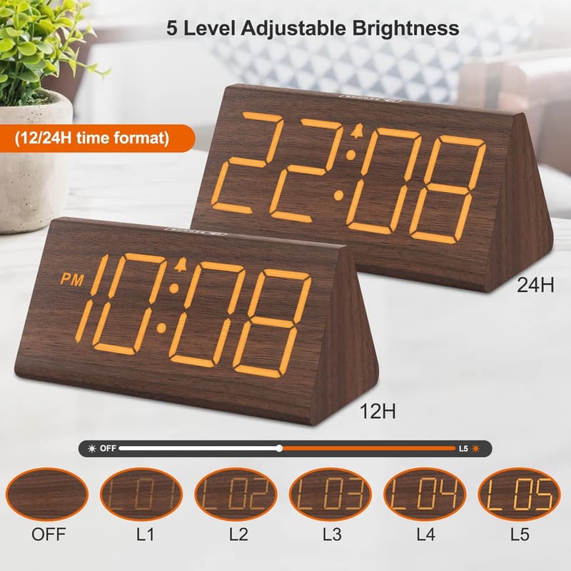 Wooden Digital Alarm Clock for Bedrooms - USB, Loud Alarm, Snooze