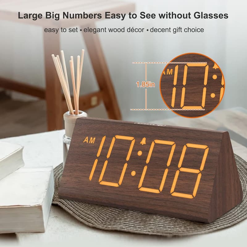 Wooden Digital Alarm Clock for Bedrooms - USB, Loud Alarm, Snooze