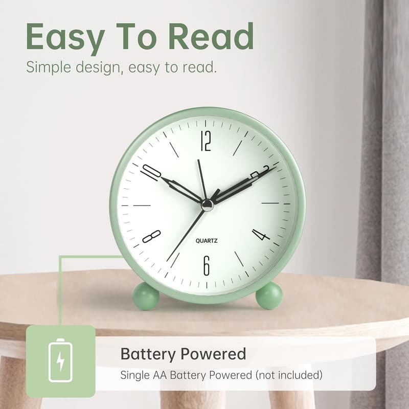 Super Silent 4-Inch Analog Alarm Clock with Night Light
