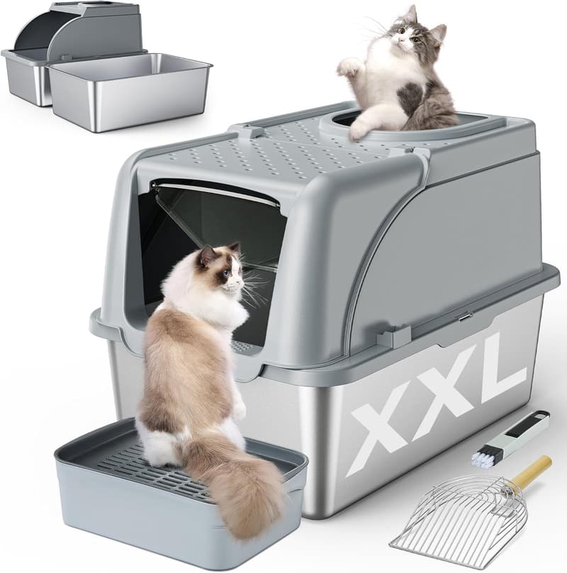 XXL Covered Stainless Steel Cat Litter Box with Dual Entrance